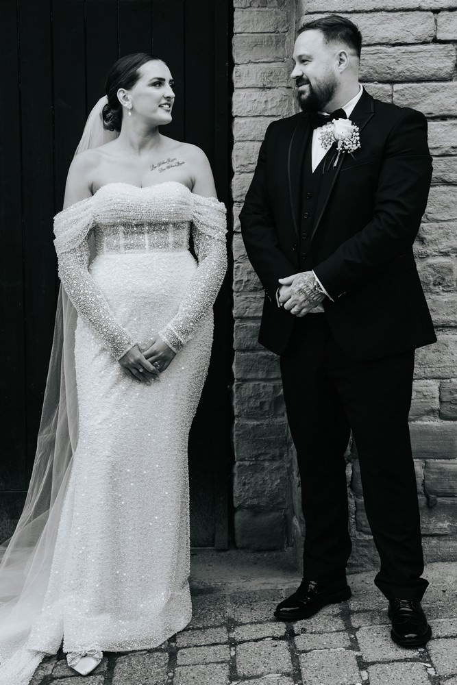 bride and groom at arches dean clough halifax wedding